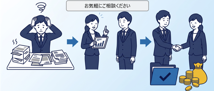 省エネ試算や見積もりの相談に応じるスタッフのイメージイラスト