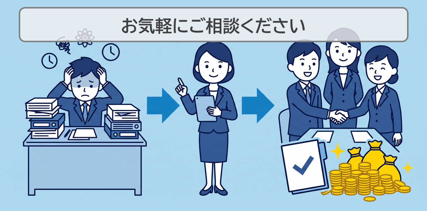 補助金申請の相談で書類準備の悩みが解決するイメージイラスト