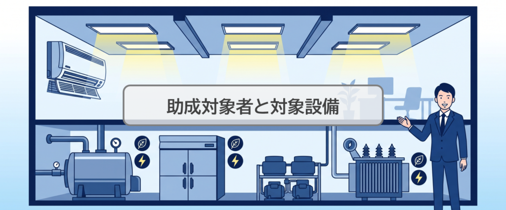 助成対象となるLED照明・業務用空調などの省エネ設備のイラスト